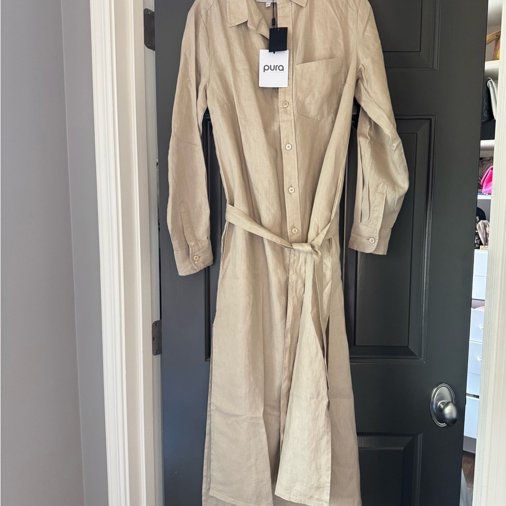 100% linen Chic Long Sleeve Beige Dress - Picture 3 of 3